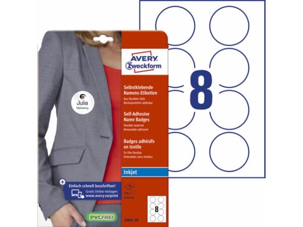 Navneskilt Avery selvklæbende Ø65 mm til inkjet - (20 ark x 8 stk.)