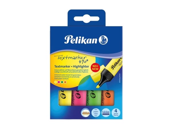 Pelikan Textmarker 490, 4 stykker, Grønn, Oransje, Rosa, Gult, Multi, Vann-basert blekk, Boks