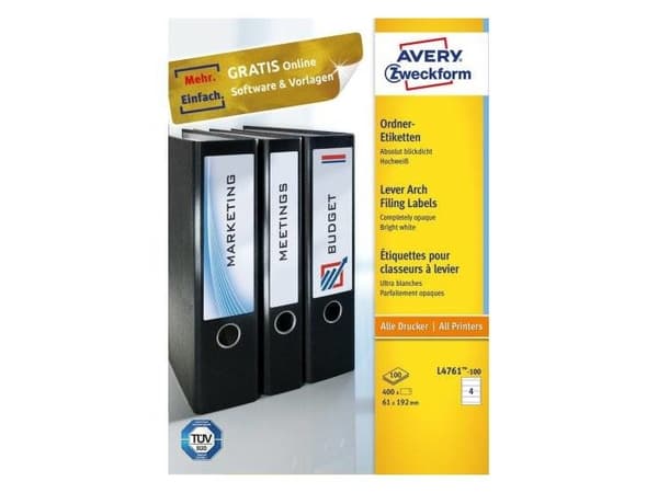 Avery File Folder Labels - Hvit - 61 x 192 mm 400 stk (100 ark x 4) filmappeetiketter