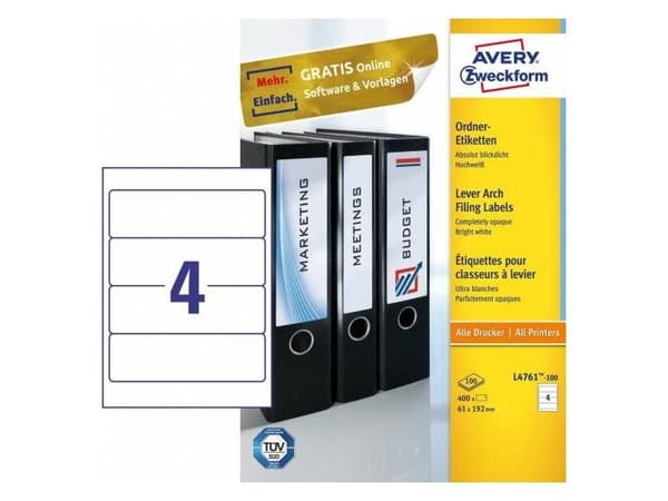 Avery File Folder Labels - Hvit - 61 x 192 mm 400 stk (100 ark x 4) filmappeetiketter