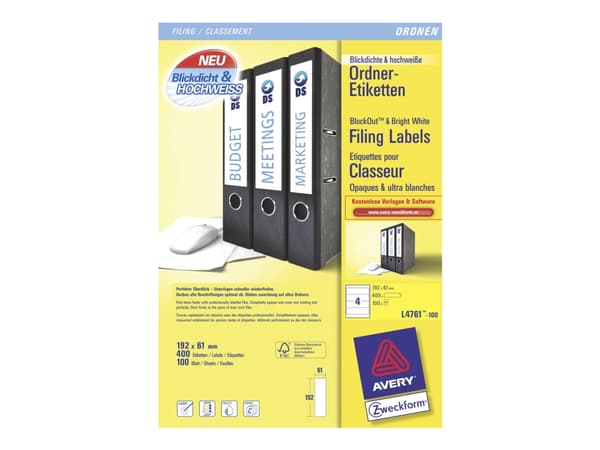 Avery File Folder Labels - Hvit - 61 x 192 mm 400 stk (100 ark x 4) filmappeetiketter