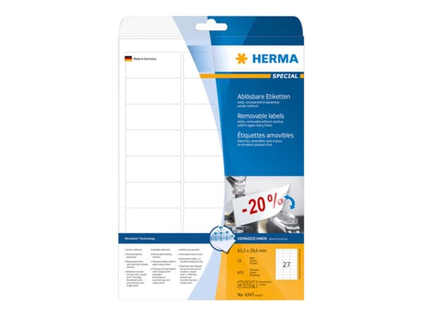 HERMA Special - Papir - matt - fjernbart selv-adhesiv - hvit - 63.5 x 29.6 mm 675 etikett(er) (25 ark x 27) merkelapper