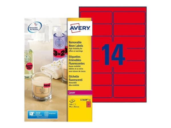 Avery L7263R - Neonrød - 38.1 x 99.1 mm 350 etikett(er) (25 ark x 14) merkelapper