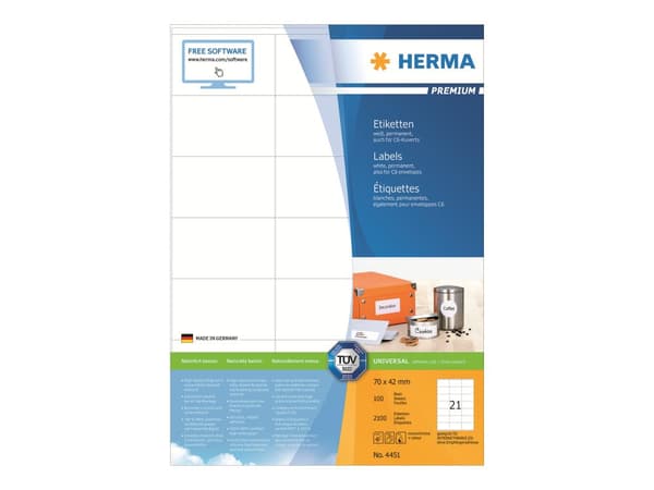 HERMA Premium - Papper - matt - permanent självhäftande - vit - 70 x 42 mm 2100 etikett (er) (100 ark x 21) laminerade etiketter