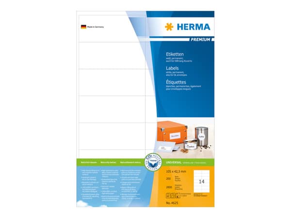 HERMA Premium - Papper - matt - permanent självhäftande - vit - 105 x 42.3 mm 2800 etikett (er) (200 ark x 14) laminerade etiketter