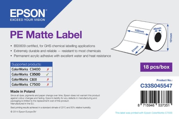 Epson PE - Matta - 102 x 51 mm 535 tarraa (1 rulla(t) x 535) leikattu etiketti - ColorWorks CW-C4000E (BK), CW-C4000E (MK); TM C3500:lle