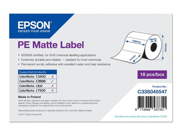Epson PE - Matta - 102 x 51 mm 535 tarraa (1 rulla(t) x 535) leikattu etiketti - ColorWorks CW-C4000E (BK), CW-C4000E (MK); TM C3500:lle