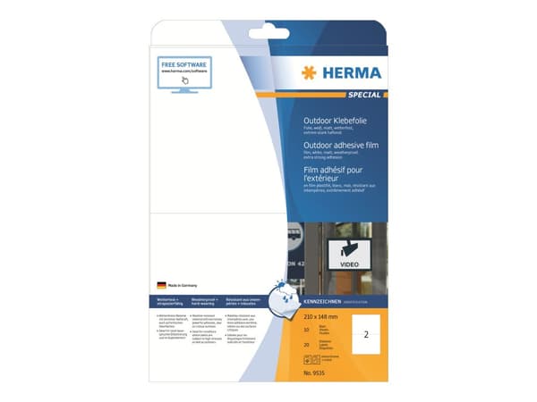 HERMA 9535, Valkoinen, Itse kiinnittyvä tulostintarra, A4, Polyolefiini, Laser, Kiinteä