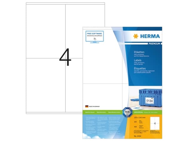 HERMA Premium - Papper - matt - permanent självhäftande - vit - 144 x 105 mm 400 etikett (er) (100 ark x 4) laminerade etiketter