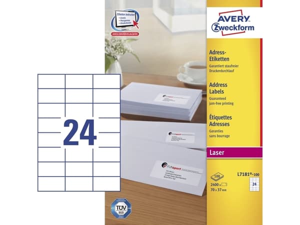 Adresseetiketter, Avery L7181-100, 70 x 37 mm, 24 pr. ark, 100 ark