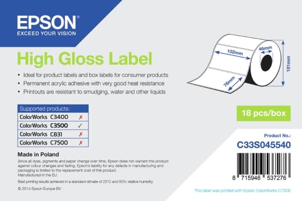 Epson - Korkeakiiltoinen - 102 x 76 mm 415 tarraa (1 rulla (1 rulla) x 415) leikattu etiketti - ColorWorks CW-C4000E (BK), CW-C4000E (MK); TM C3500 -
