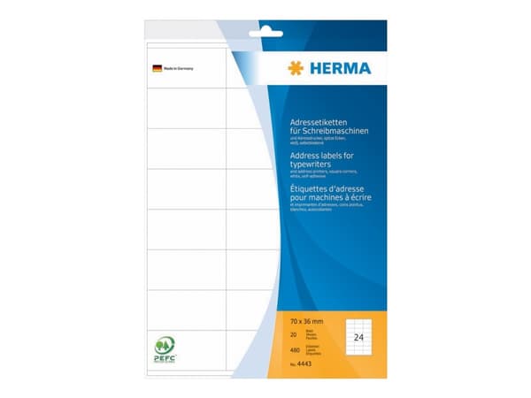HERMA - Matt - självhäftande - vit - 70 x 36 mm 480 etikett (er) (20 ark x 24) adresslappar