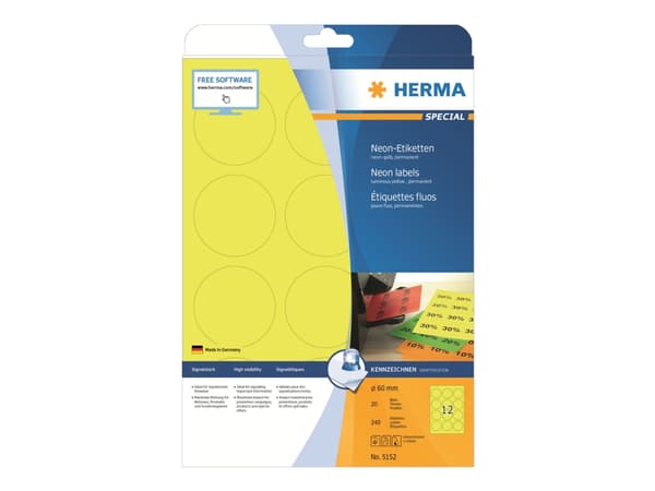 HERMA Special - Papir - matt - permanent selv-adhesiv - lysende gult - 60 mm rund 240 etikett(er) (20 ark x 12) fluorescerende etiketter