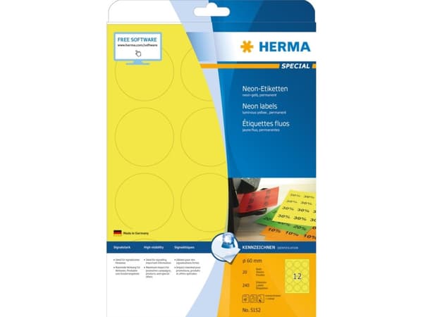 HERMA Special - Papir - matt - permanent selv-adhesiv - lysende gult - 60 mm rund 240 etikett(er) (20 ark x 12) fluorescerende etiketter