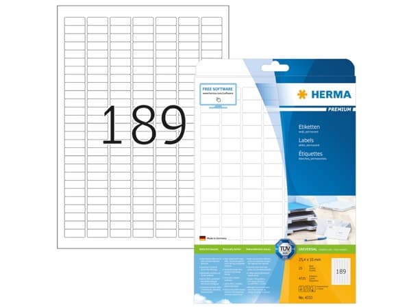 HERMA Premium - Papir - matt - permanent selv-adhesiv - hvit - 25.4 x 10 mm 4725 etikett(er) (25 ark x 189) laminerte etiketter