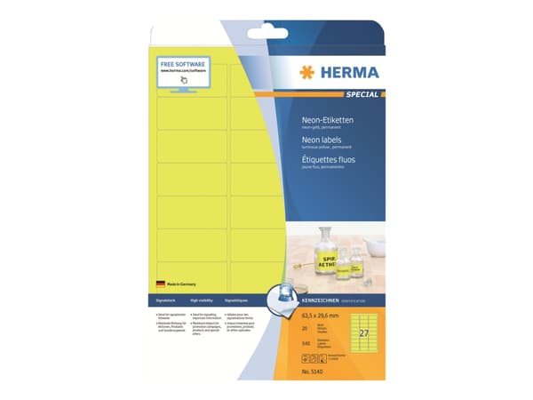 HERMA Special - Papir - matt - permanent selv-adhesiv - lysende gult - 63.5 x 29.6 mm 540 etikett(er) (20 ark x 27) fluorescerende etiketter