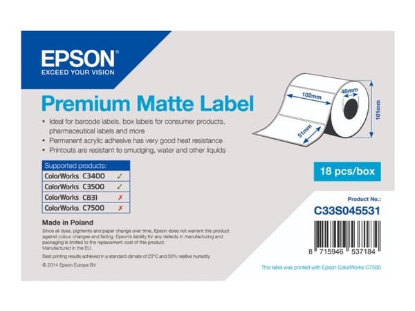 Epson Premium - Matt - 102 x 51 mm 650 etikett(er) (1 rull(er) x 650) stanseskårne etiketter - for Epson TM-C3400-LT; ColorWorks CW-C4000E; TM C3400,