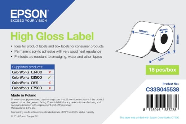 Epson High Gloss Label - Continuous Roll: 102mm x 33m, Kiilto, Epson ColorWorks C7500G ColorWorks CW-C6500 ColorWorks CW-C6000Pe ColorWorks CW-C6000A