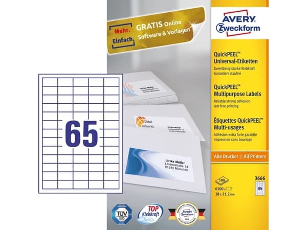 Avery - Vit - 38,1 x 21,2 mm 6500 etikett(er) (100 ark x 65) universaletiketter