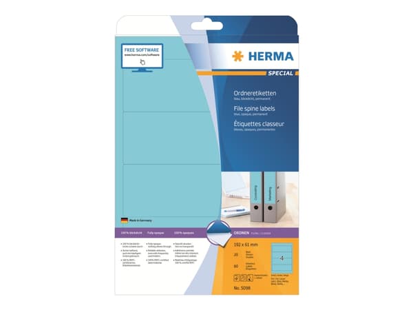 HERMA Special - Papir - matt - permanent selv-adhesiv - blå - 192 x 61 mm 80 etikett(er) (20 ark x 4) opake arkivmappeetiketter