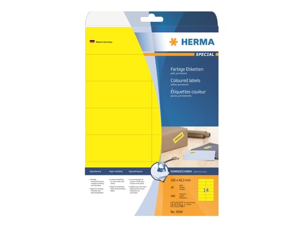 HERMA Spesial - Papir - matt - permanent selvklebende - gul - 105 x 42,3 mm 280 etikett(er) (20 ark x 14) etiketter