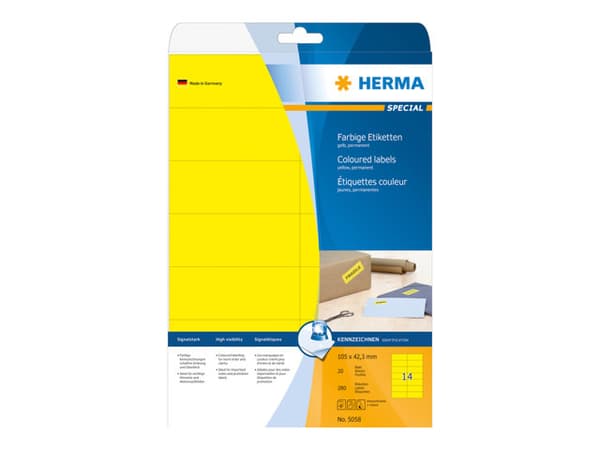 HERMA 5058, Keltainen, Itse kiinnittyvä tulostintarra, A4, Paperi, Laser/Inkjet, Irroitettava