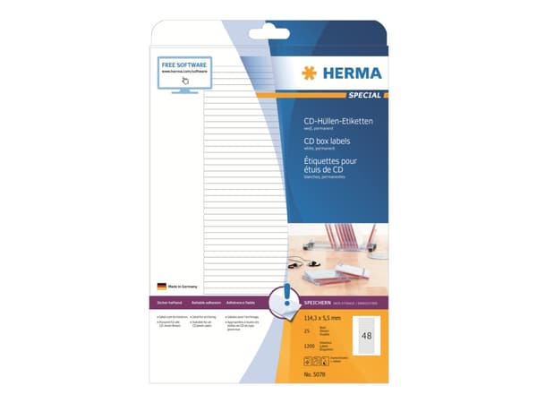 HERMA Spesial - Papir - matt - permanent selvklebende - hvit - 114,3 x 5,5 mm 1200 etikett(er) (25 ark x 48) ugjennomsiktige CD/DVD-etiketter