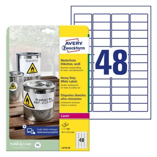 Laseretikett Avery L4778 vit 45,7x21,2 (förpackning med 960 etiketter)