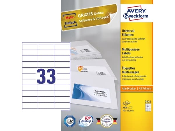 Avery - Hvit - 70 x 25.4 mm 3300 stk (100 ark x 33) flerbruks merkelapper