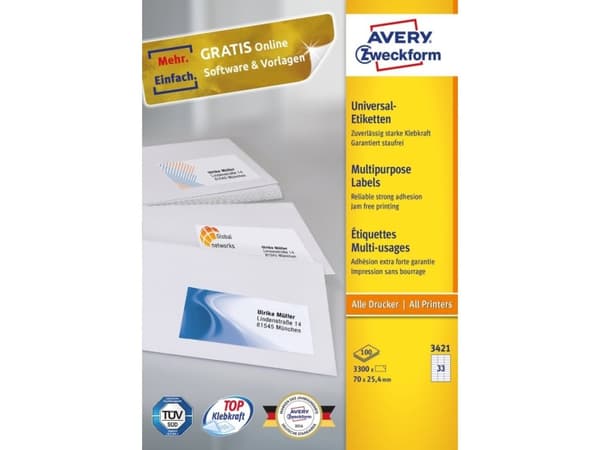Avery - Hvit - 70 x 25.4 mm 3300 stk (100 ark x 33) flerbruks merkelapper