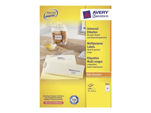 Avery - Hvit - 70 x 25.4 mm 3300 stk (100 ark x 33) flerbruks merkelapper