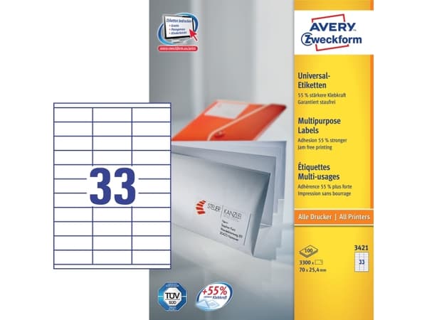 Avery - Hvit - 70 x 25.4 mm 3300 stk (100 ark x 33) flerbruks merkelapper
