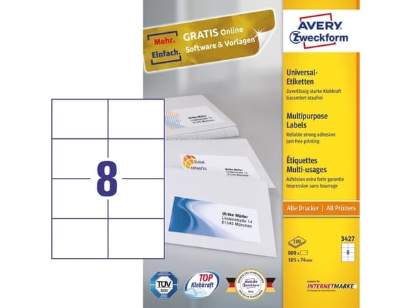 Avery - Hvit - 105 x 74 mm 800 etikett(er) (100 ark x 8) flerbruks merkelapper