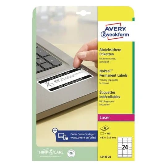Etiketter Avery 63,5x33,9 mm hvid med NoPeel™ - (20 ark x 24 stk.)