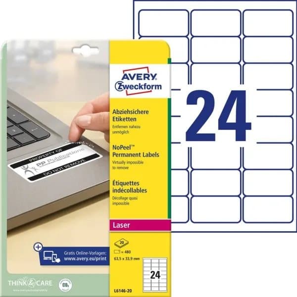 Etiketter Avery 63,5x33,9 mm hvid med NoPeel™ - (20 ark x 24 stk.)