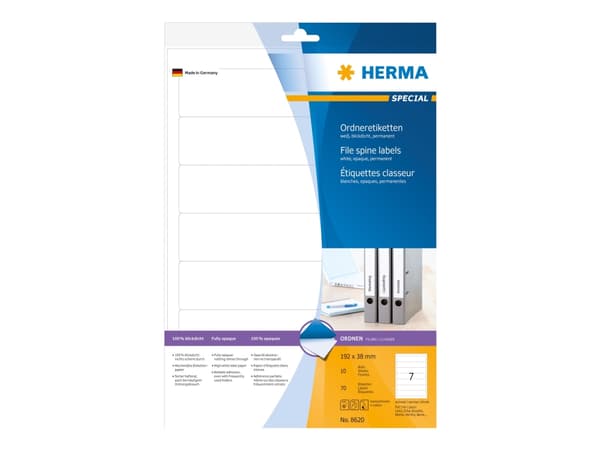 HERMA Spesial - Papir - matt - permanent selvklebende - hvit - 192 x 38 mm 70 etikett(er) (10 ark x 7) ugjennomsiktige mappeetiketter