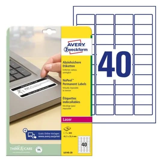 Avery NoPeel Labels L6145 - Polymer - hvit - 25.4 x 45.7 mm 800 etikett(er) (20 ark x 40) merkelapper