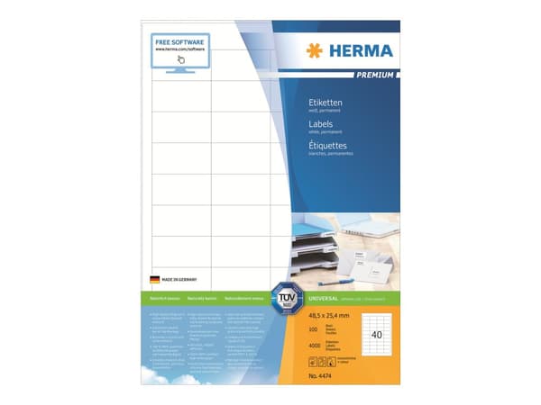 HERMA Premium - Papir - matt - permanent selv-adhesiv - hvit - 48.5 x 25.4 mm 4000 etikett(er) (100 ark x 40) laminerte etiketter