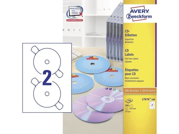 Avery Full Face CD/DVD Label - Vit - 117 mm rund 200 etikett (er) (100 ark x 2) CD/DVD-etiketter