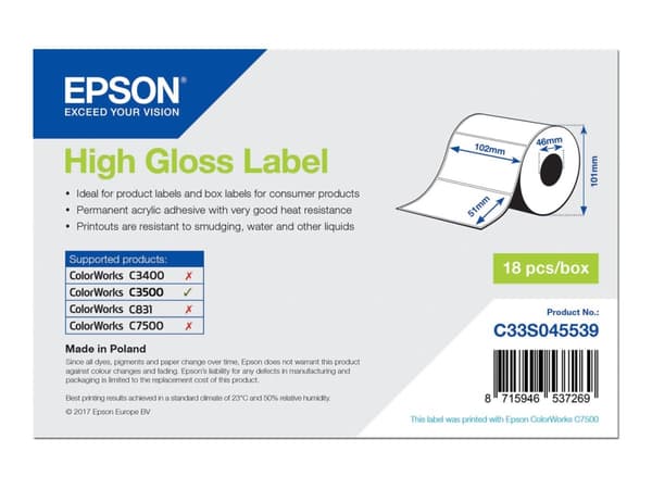 Epson - Korkeakiiltoinen - 51 x 102 mm 610 tarraa (1 rulla (1 rulla) x 610) leikattu etiketti - ColorWorks CW-C4000E (BK), CW-C4000E (MK); TM C3500 -