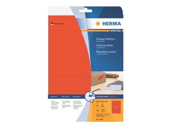 HERMA Special - Papir - matt - permanent selv-adhesiv - rød - 105 x 42.3 mm 280 etikett(er) (20 ark x 14) merkelapper