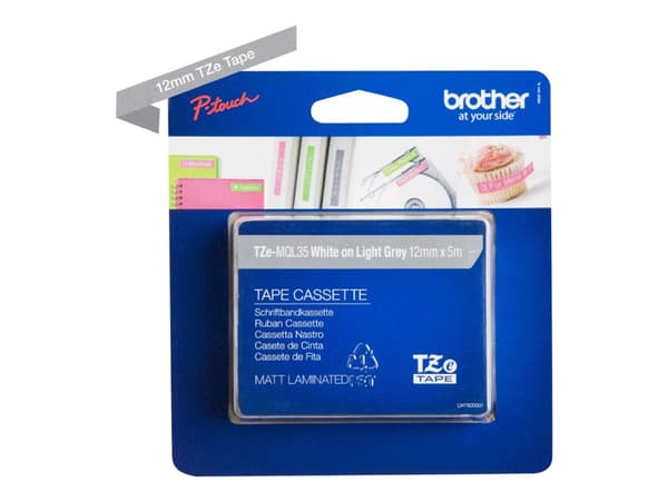 Brother TZe-MQL35 - Matt - vit på ljusgrå - Rulle (1,2 cm x 5 m) 1 kassett(er) bandlaminat - för Brother PT-D210, D600, H110; P-Touch PT-1005, D450,