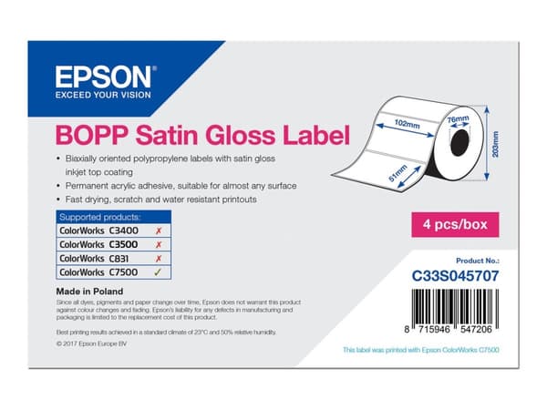 Epson Premium - Biaksielt innretter polypropylen (PP) - blank sateng - permanent akryl-adhesiv - toppbelagt - 102 x 51 mm 11080 etikett(er) (1 rull(e