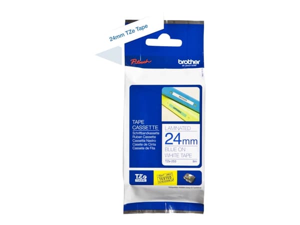 Brother TZe-253 - Blått på hvitt - Rull (2,4 cm x 8 m) 1 kassett(er) laminert teip - for Brother PT-D600, P750, P950; P-Touch PT-D800, E550, P900, P9