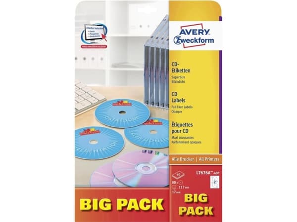 Avery CD/DVD Labels, Valkoinen, A4, Paperi, Laser/Inkjet, Kiinteä, FSC Mix Credit