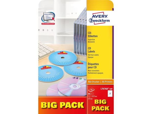 Avery CD/DVD Labels, Valkoinen, A4, Paperi, Laser/Inkjet, Kiinteä, FSC Mix Credit