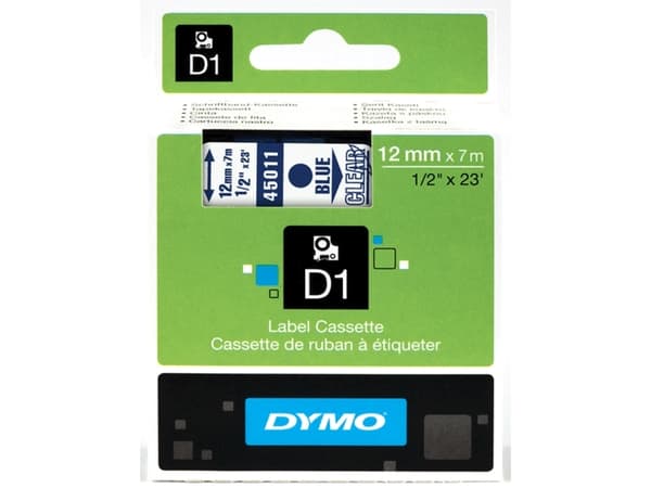 DYMO D1 - Självhäftande - blå på transparent - Rulle (1,2 cm x 7 m) 1 kassett(er) etiketttejp - för LabelMANAGER 150, 350, 350D, 450, 450D, PC; Label