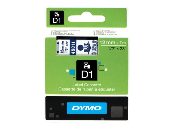 DYMO D1 - Självhäftande - blå på transparent - Rulle (1,2 cm x 7 m) 1 kassett(er) etiketttejp - för LabelMANAGER 150, 350, 350D, 450, 450D, PC; Label