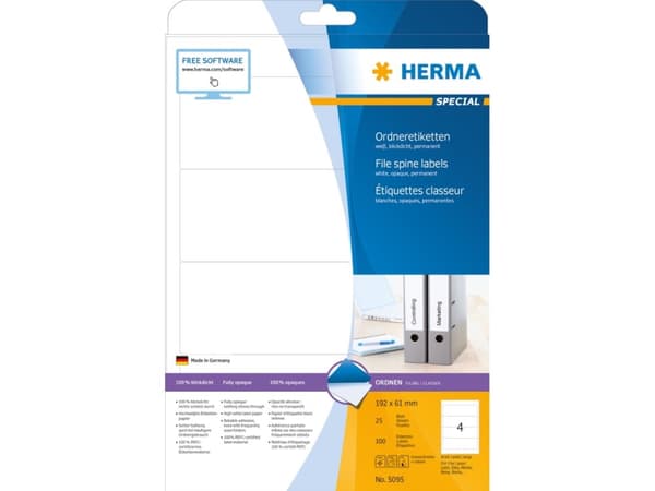 HERMA Spesial - Papir - matt - permanent selvklebende - hvit - 192 x 61 mm 100 etikett(er) (25 ark x 4) ugjennomsiktige mappeetiketter