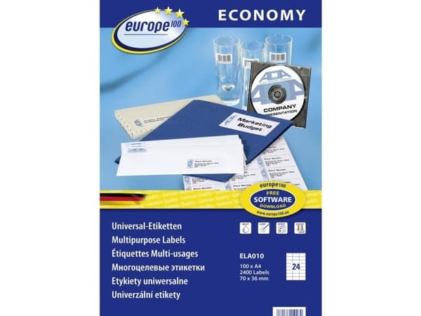 Europe 100 ELA010 Etiketter 70 x 36 mm Papir Hvid 2400 stk Permanent Universelle etiketter Bläck, Laser, Kopi 100 Sheet DIN A4